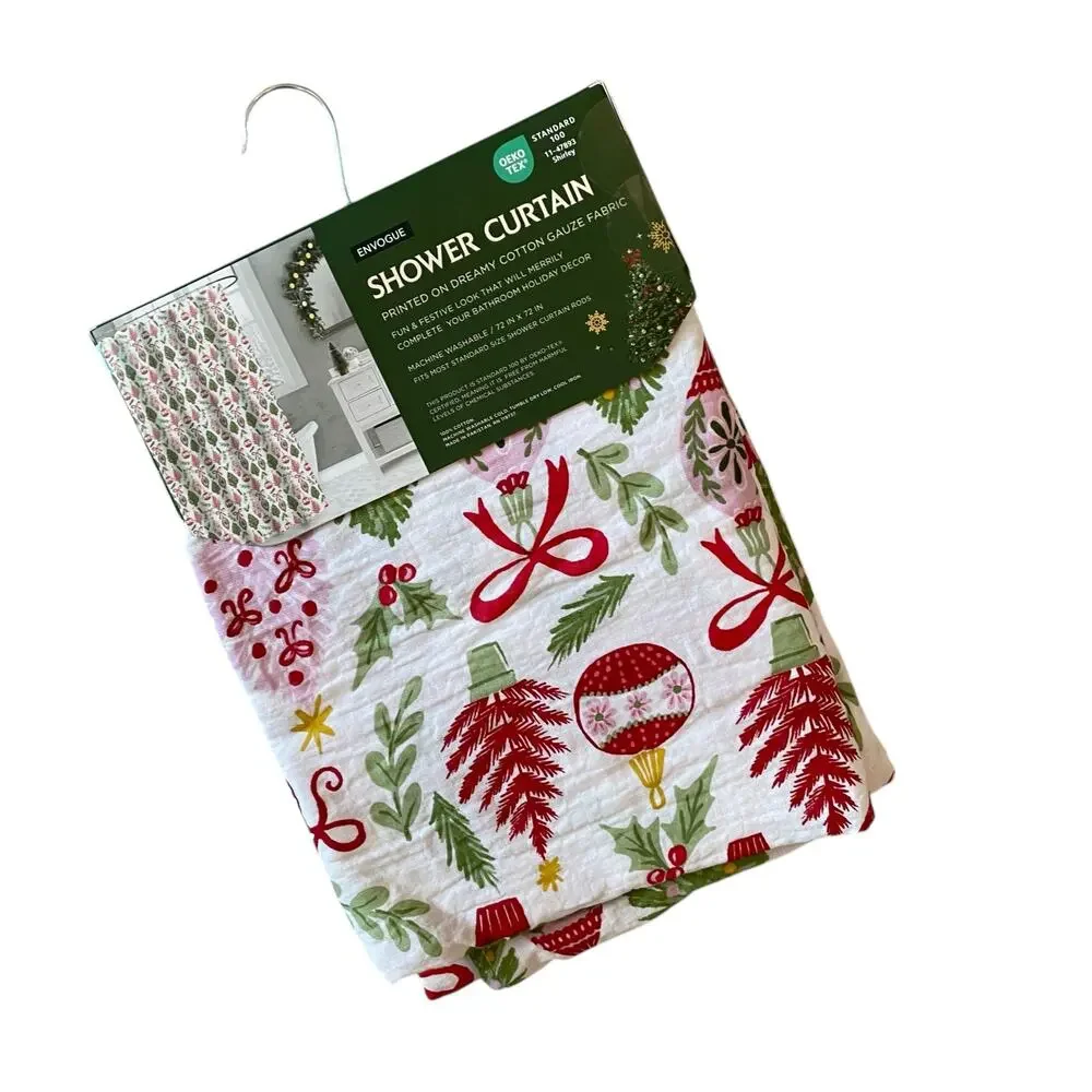 Envogue Christmas Shower Curtain 72x72 Holiday Holly Berry Bow Ornament NEW